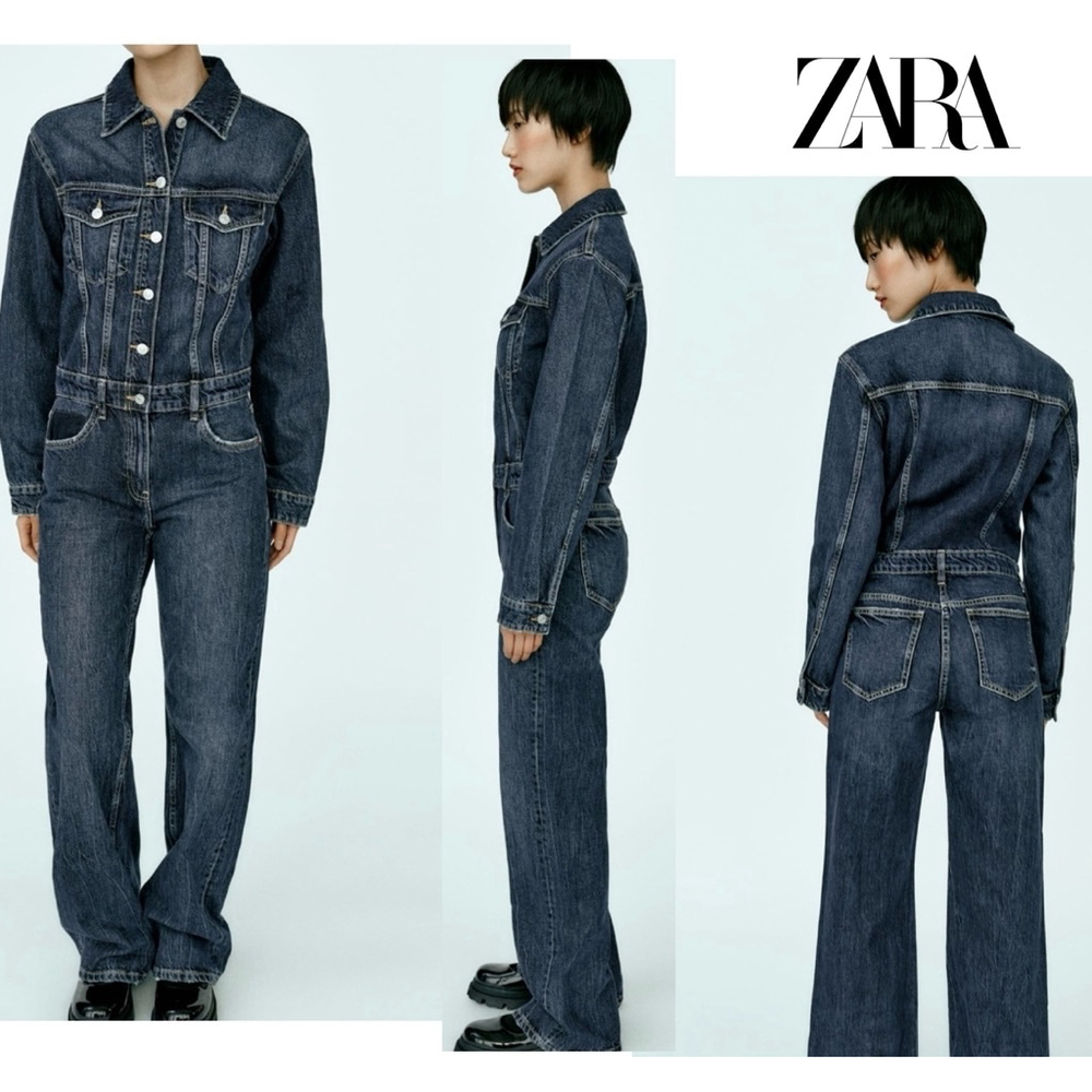 Zara blue denim jean jumpsuit long sleeve button front straight leg Sz S NWOT